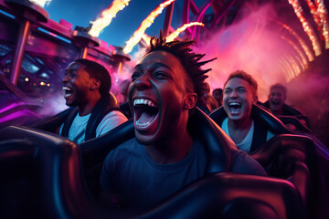 Dive into the electric atmosphere of an amusement park, capturing friends riding a roller coaster, their expressions pure exhilaration, 
surrounded by a kaleidoscope of lights, portraying intense shar