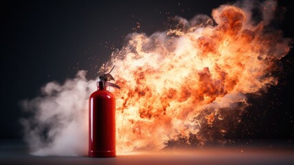 Fire extinguisher in front of an explosion cloud with sparks and smoke - obrazy, fototapety, plakaty