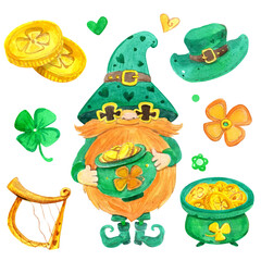 Leprechaun Gnome - Celtic set of watercolor illustrations isolated: gnome Leprechaun, a golden harp, shamrocks, cloverleaf, green hearts, pot with gold, Leprechaun's hat. St Patrick's Day. PNG.