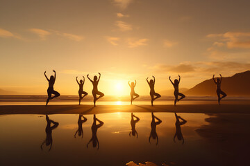 Bask in the serenity of a beach landscape, as friends engage in early morning yoga, the rising sun casting a golden glow, 
symbolizing harmony, togetherness, and shared holistic wellness.