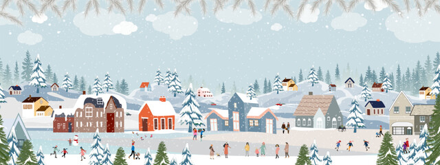 Christmas background,Winter landscape,Celebrating Christmas,New Year 2024 in village at night with people playing ice skate in the park,Vector horizontal banner winter wonderland in village