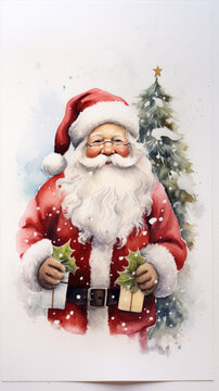 santa, claus, hat, celebration, holiday, watercolor, christmas, december, costume, merry, present, new year