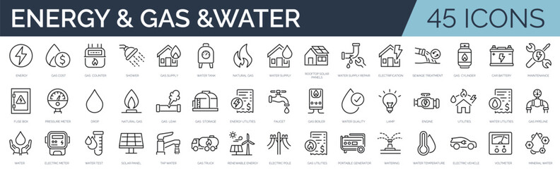 Set of outline icons related to energy,  gas,  water. Linear icon collection. Editable stroke. Vector illustration - obrazy, fototapety, plakaty