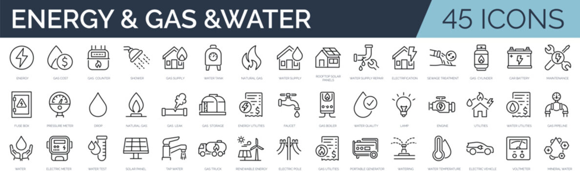 Set of outline icons related to energy,  gas,  water. Linear icon collection. Editable stroke. Vector illustration