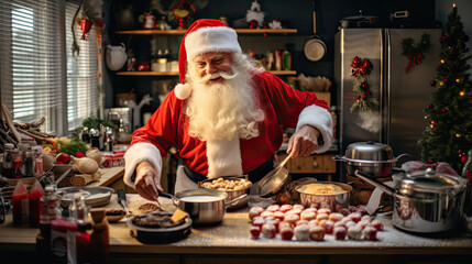 Santa Claus cooking a sumptuous holiday feast in a vibrant bustling kitchen