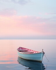 Amidst a tranquil lake at sunrise, a bold red boat glides through the water, its sleek form a symbol of freedom and adventure against the vibrant sky and serene landscape