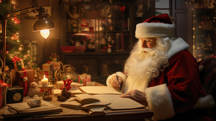 Santa Claus reading letters in cozy room - obrazy, fototapety, plakaty