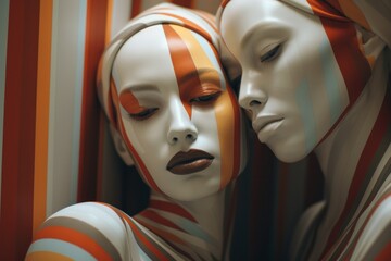 Two painted mannequins stand frozen, their striped masks and artful poses invoking a sense of mystery and intrigue, as if they were statues at a masquerade ball