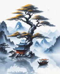 asian watercolor painting morning mist tree at the mountain lake