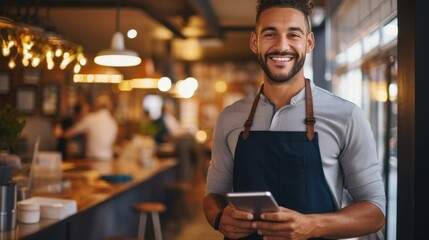 Restaurant entrepreneur with tablet, leaning on door and open to customers portrait. Owner, manager or employee of a startup fast food store, cafe or coffee shop business standing happy with a smile