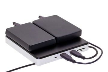 External DVD CD usb burner drive and player with integrated USB interfaces (two connected with hard...