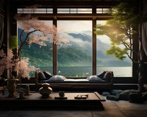 Through the window of a cozy indoor room, a majestic view of the water and mountains fills the space with a symphony of nature, framed by elegant furniture, a tall tree, a delicate vase, a vibrant pa