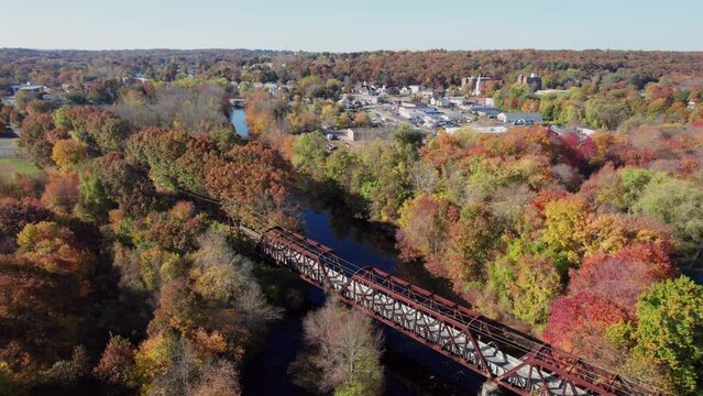 The Trail Truss Bridge in West Warwick among the forests in fall colors, Rhode Island.