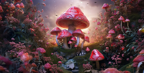 Naklejka premium mushroom in the forest, photorealistic mushroom in fairytale environ 