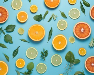 An explosion of zesty, sun-kissed citrus slices dance together in a vibrant display of juicy fruit flavors, evoking feelings of freshness and excitement in this colorful image of sliced oranges and l
