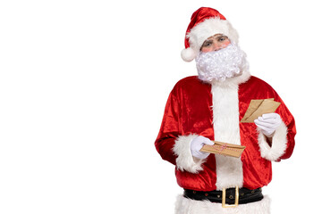 PNG Santa Claus reading a letter isolated on white background.