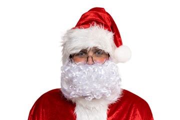 PNG portrait of Santa in glasses isolated on white background.