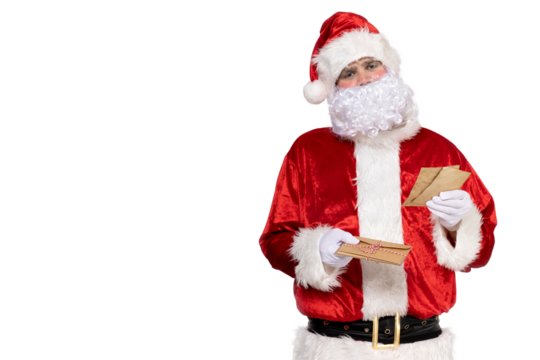 PNG Santa Claus reading a letter isolated on white background.