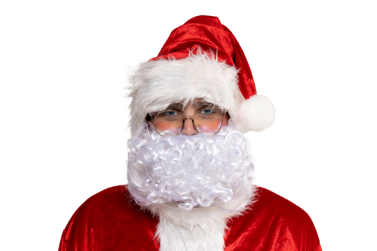 PNG portrait of Santa in glasses isolated on white background.