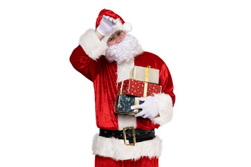 PNG, Santa Claus with gifts in hands, isolated on white background.
