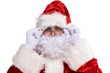 PNG portrait of Santa in glasses isolated on white background.