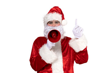 PNG, Santa Claus making an announcement in a megaphone, isolated on a white background.