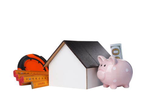 PNG,a wooden house with a ruler and a piggy bank, isolated on white background
