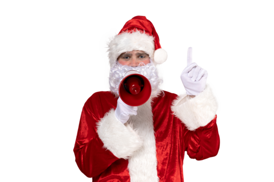PNG, Santa Claus making an announcement in a megaphone, isolated on a white background.