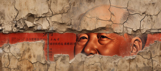 The concept of the Chinese economic crisis and recession tied to the real estate market crisis, with the image of Mao Zedong from the 100 yuan banknote on a crumbling wall.