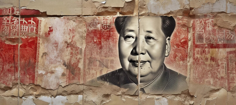 The concept of the Chinese economic crisis and recession tied to the real estate market crisis, with the image of Mao Zedong from the 100 yuan banknote on a crumbling wall.