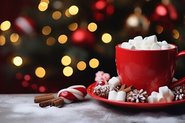 Christmas drink. Cacao in red cup, fir, marshmallows on bokeh background	