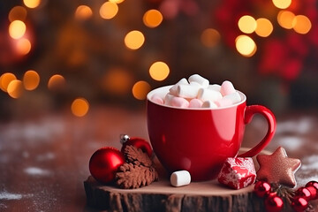 Obraz na płótnie Canvas Christmas drink. Cacao in red cup, fir, marshmallows on bokeh background 
