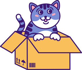 Cute small adopt Fluffy Kitten sits in cardboard box and waits for owner help. Homeless cat. Pets and animals care concept. Vector cartoon illustration in thick stroke isolated on white background