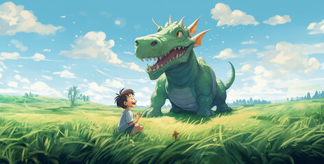 dragon on the hill, dragon on the grass, dinosaur in the grass, Green crying dragon in green field...