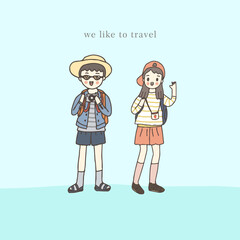 Young traveler couple, hand drawn style vector illustration