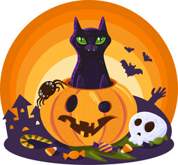 Halloween Black Cat peeks out from creepy pumpkin decorated with candy bones and festive Halloween elements. Arcane items for witchcraft and rituals. Cartoon vector isolated on white background