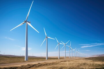 Wind turbines in a rural landscape, a wind turbine farm at sunset, wind power generators in a countryside, a tracking shot of energy-producing wind turbines