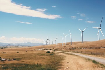 Wind turbines in a rural landscape, a wind turbine farm at sunset, wind power generators in a countryside, a tracking shot of energy-producing wind turbines