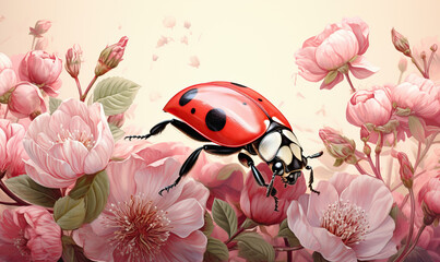 Colorful beetle on flowers on a white background.
