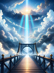A bridge that leads to heaven Amidst, behind is the light of the heavenly realm. ai generative