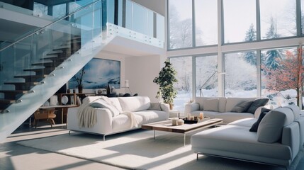 three white sofas with coffee table and stairs, glass wall, winter season, snowy trees.