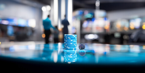 optics background with lots spots, a close up picture of a blue casino chip - Powered by Adobe