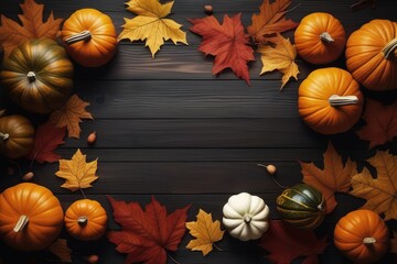 pumpkins and autumn leaves on wooden background