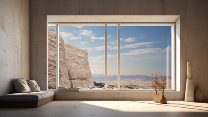 Empty room with windows, wooden floor, minimalist house outside, two large windows living room - Powered by Adobe