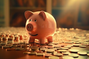 An overflowing piggy bank filled with coins and cash, highlighting the significance of saving and financial prudence - obrazy, fototapety, plakaty