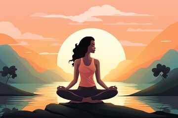 A serene woman in a yoga and meditation scene, striking a peaceful pose to promote mental and physical well-being