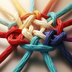 Unity in diversity: Strong teamwork metaphor,ymbolized by diverse ropes interwoven to form a strong connection. - obrazy, fototapety, plakaty