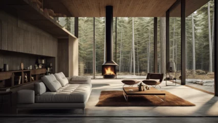 Foto op Plexiglas minimalist house outside, two large windows living room © Kholoud