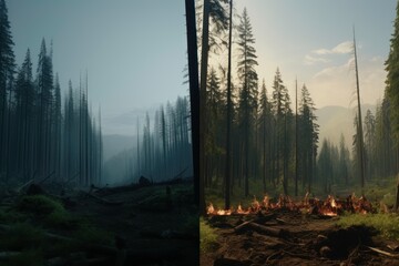Comparative images showing a vibrant, green forest alongside the same forest ravaged by wildfire, emphasizing the dramatic effects of climate change on natural. - obrazy, fototapety, plakaty