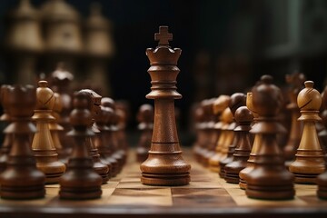 Fototapeta premium Wooden chess pieces locked in a strategic battle. Competition and strategy concept.